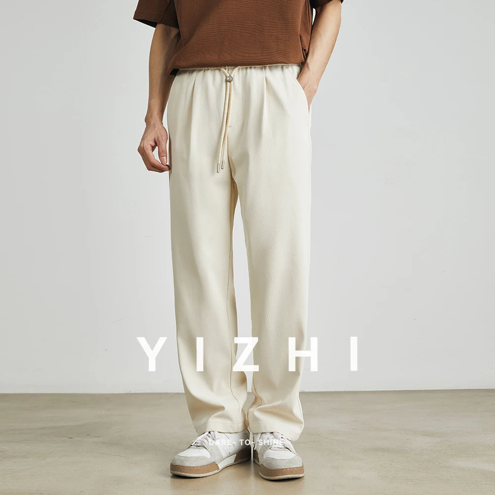 Men’s Straight-Leg Drawstring Trousers – Japanese Casual Elastic Waist Pants
