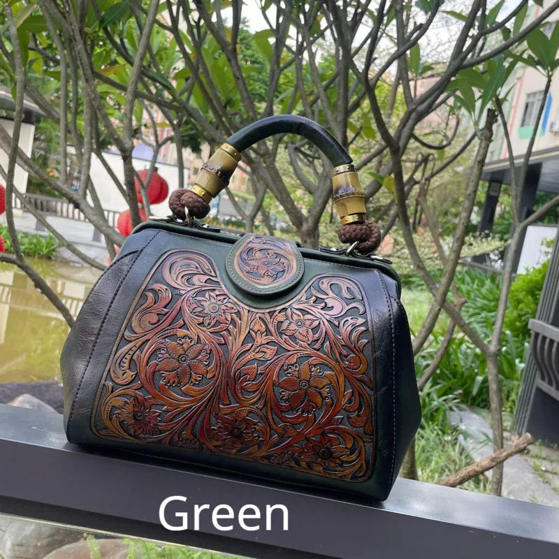 Luxury Handmade Women Shoulder Bag Vintage Carved Leather Women's Bag