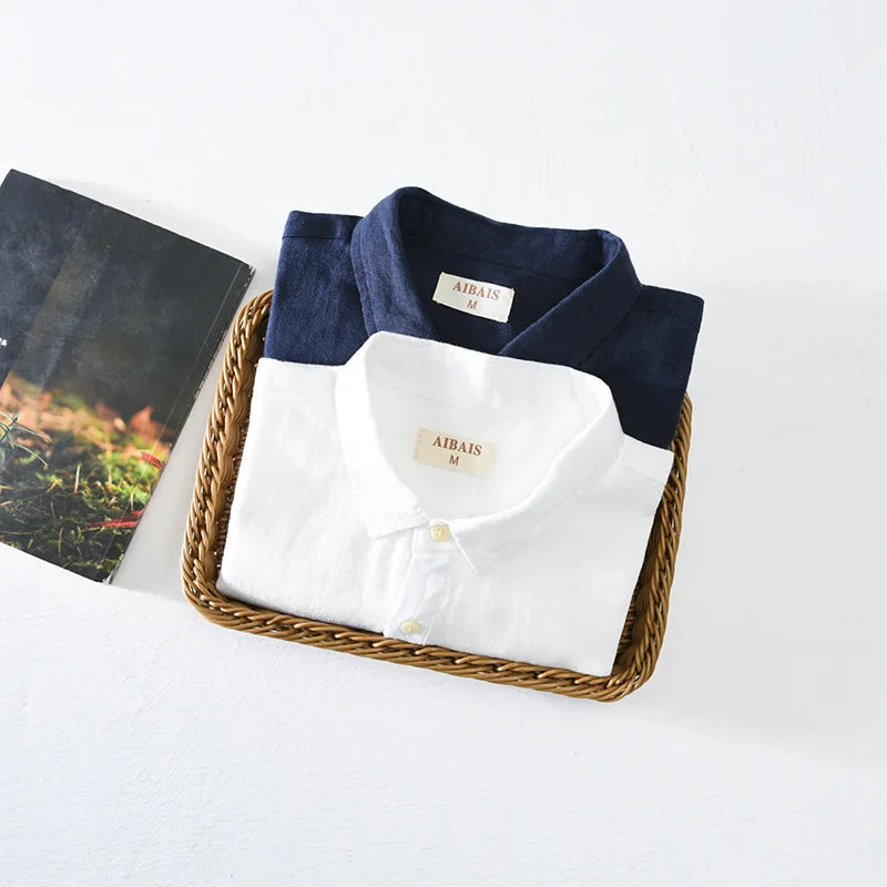 Linen Loose Square-Collar Long Sleeve Shirt Men