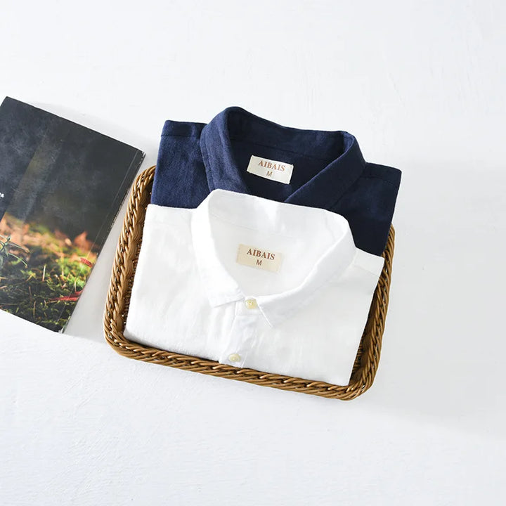 Linen Loose Square-Collar Long Sleeve Shirt Men-HighTouch