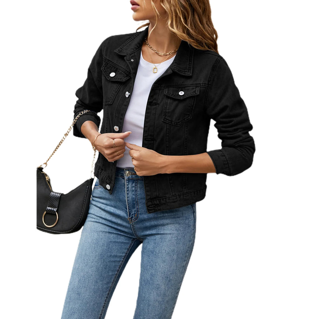 Slim-Fit Button-Down Denim Jacket – Cropped Denim Jacket-HighTouch