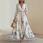 Bohemian Summer Beach Dress – Sleeveless Floral Print V-Neck Flowy Maxi Dress for Women-HighTouch