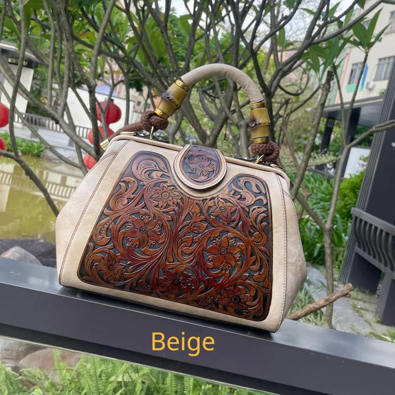 Luxury Handmade Women Shoulder Bag Vintage Carved Leather Women's Bag