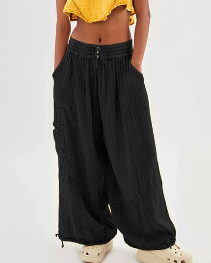 Beach Linen Pants Women Wide Leg Harem Pant High Waist Button Drawstring Palazzo Loose plus Size Pant with Pocket