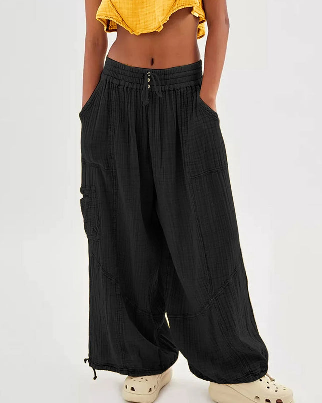 Beach Linen Wide-Leg Pants – High-Waist Palazzo Loose Harem Pants with Pockets