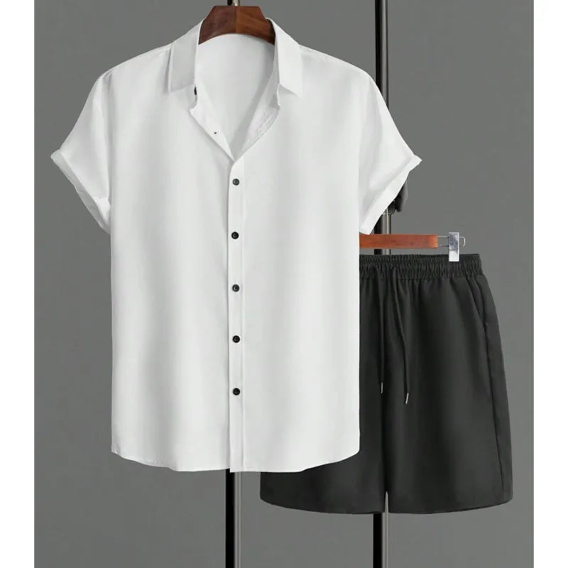 Men’s Solid Color Hawaiian Shirt & Shorts Set – Oversized Summer 2-Piece