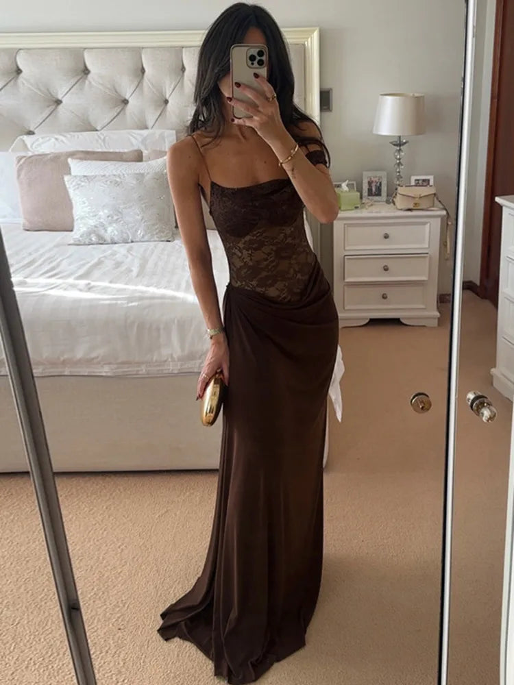 Women’s Lace Maxi Dress One Shoulder Elegant Party Dress-HighTouch