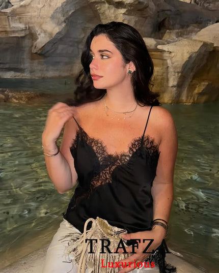 TRAFZA Sexy Chic Black Lace Cami Tops Women V Neck Patchwork Sleeveless Y2K Girl Tops Fashion 2025 Summer Holiday Beach Tops