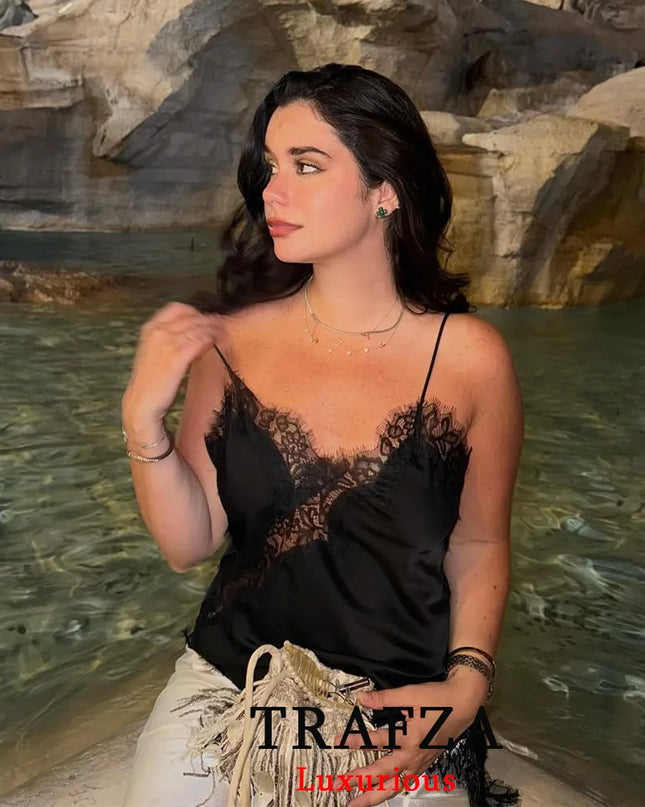 Black Lace Cami Top – Sexy V-Neck Y2K Sleeveless Patchwork Blouse