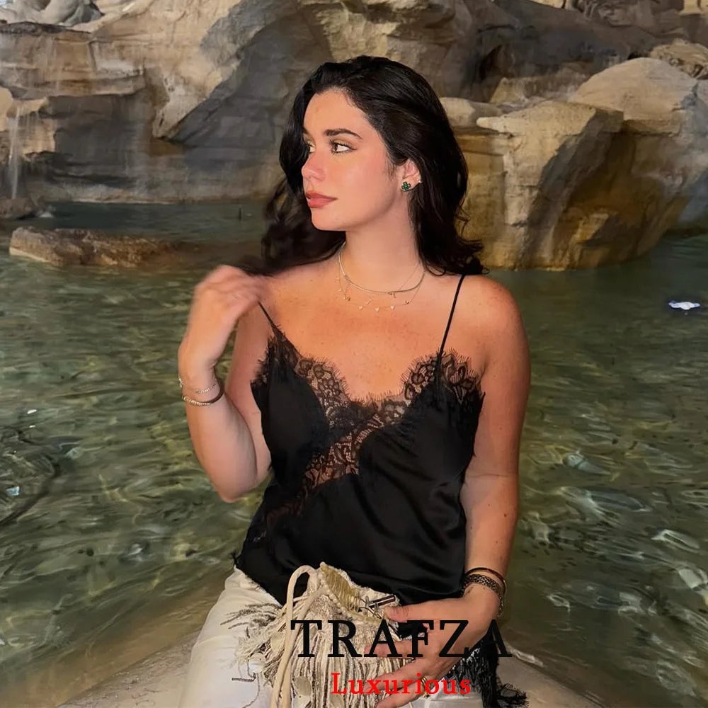 Black Lace Cami Top – Sexy V-Neck Y2K Sleeveless Patchwork Blouse