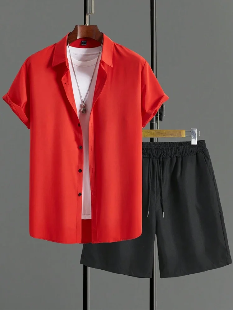 Men’s Solid Color Hawaiian Shirt & Shorts Set – Oversized Summer 2-Piece