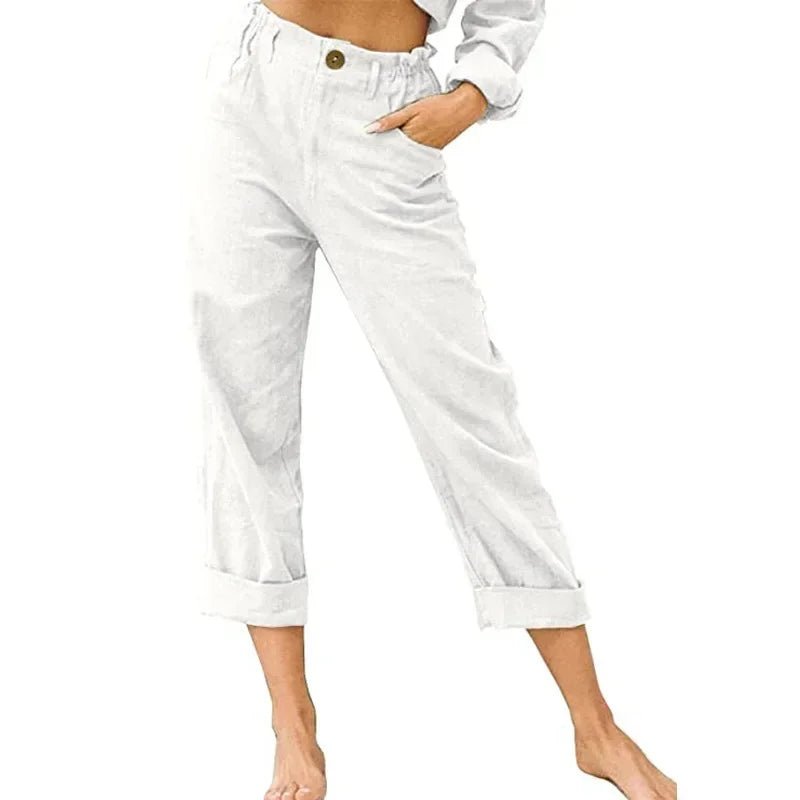 Spring Cotton-Linen Women’s Loose Button Pockets Pants – Elegant & Breathable-HighTouch