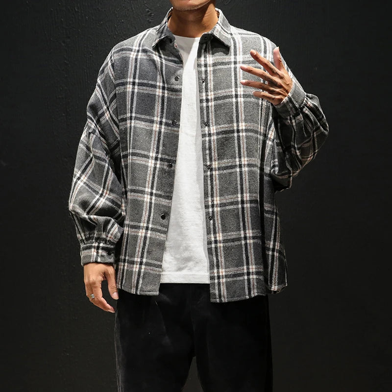 Oversized Vintage Plaid Shirt Men – Thick Long-Sleeve Streetwear Blouse