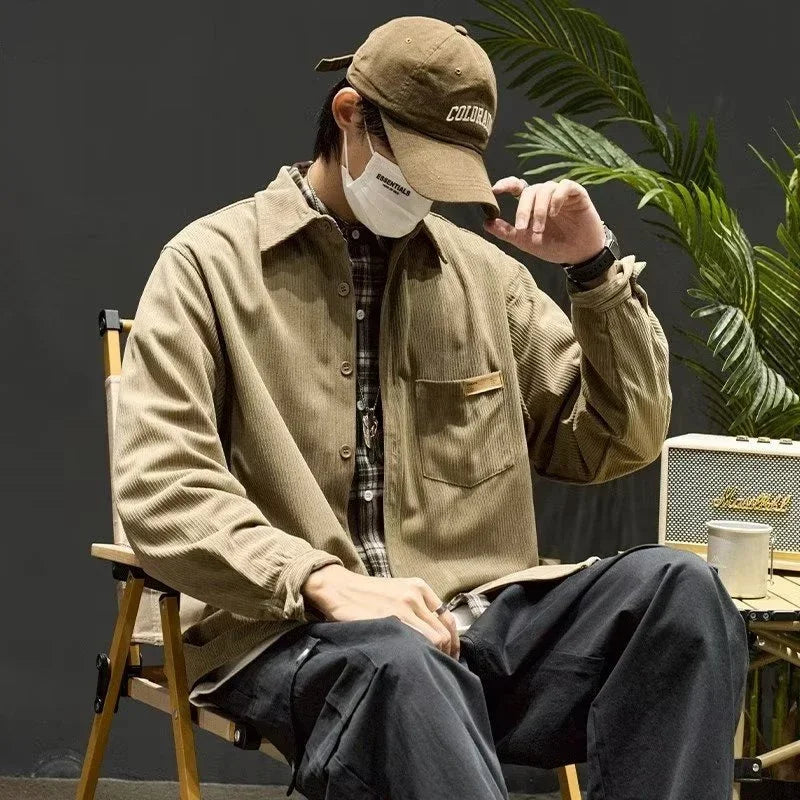 Loose Fit Corduroy Cargo Shirt Men – Plain Y2K Vintage Streetwear Overshirt