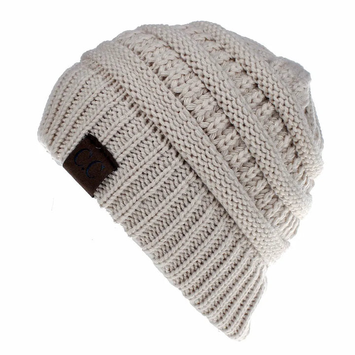 Cable Knit Ponytail Beanie-HighTouch