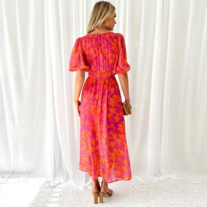 Boho Puff-Sleeve Maxi Dress – Printed, Waist-Trimming & Effortless Holiday Style