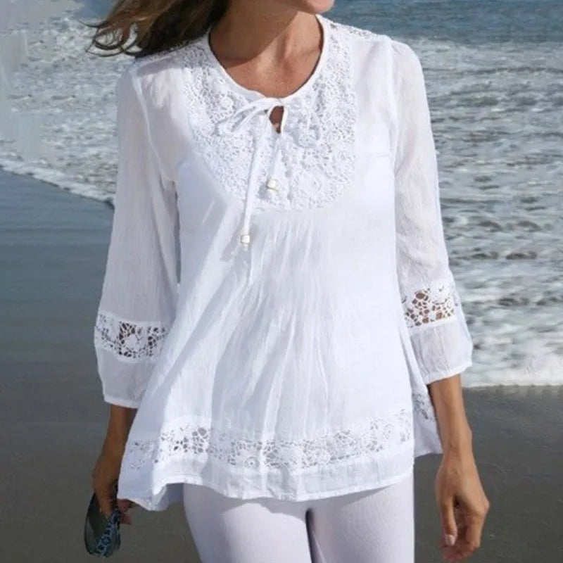 Cotton-Linen Lace Summer Blouse – ¾ Sleeve Casual Top-HighTouch