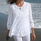 Cotton-Linen Lace Summer Blouse – ¾ Sleeve Casual Top-HighTouch