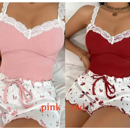 Women’s Pink Lace Patchwork Camisole & Shorts Pajama Set – Sexy Lounge Sleepwear