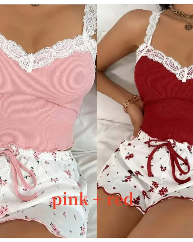 Women’s Pink Lace Patchwork Camisole & Shorts Pajama Set – Sexy Lounge Sleepwear