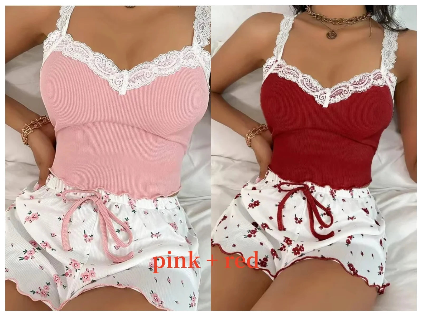 Women’s Pink Lace Patchwork Camisole & Shorts Pajama Set – Sexy Lounge Sleepwear