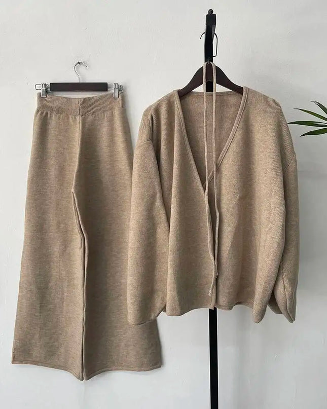 Knit Zip-Up Cardigan & Wide-Leg Pants Set