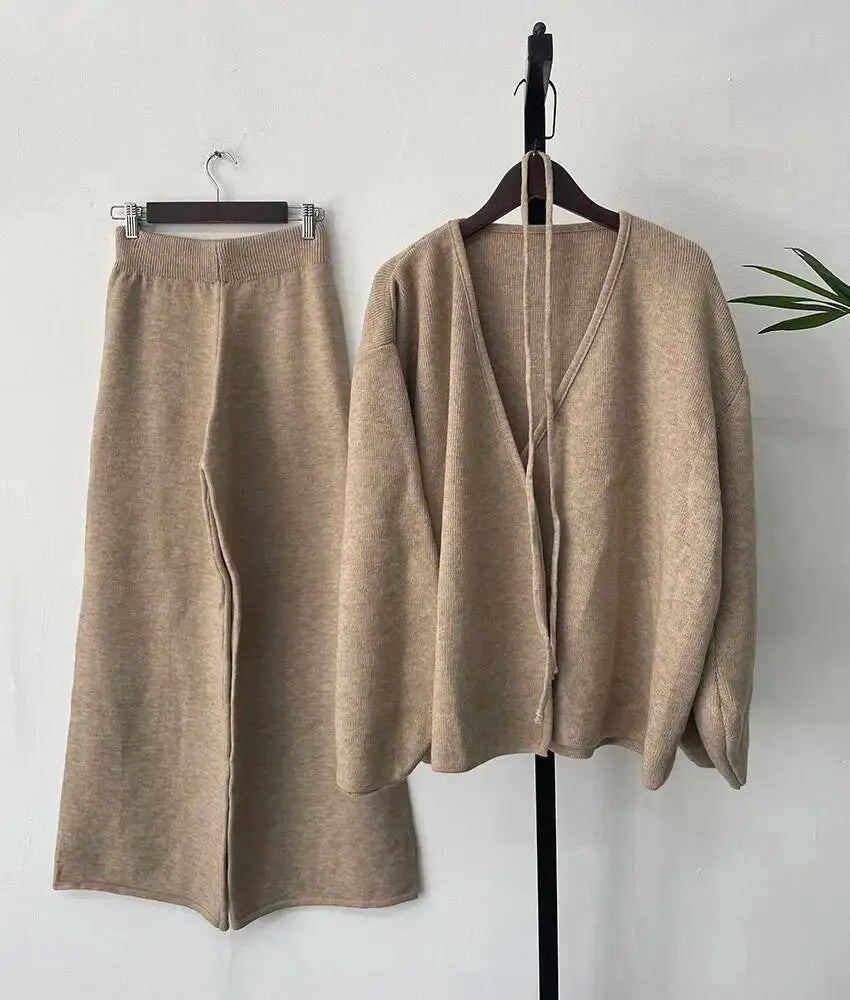 Women’s Knit Matching Set Zip Cardigan Wide Leg Pants Cozy Outfit-HighTouch