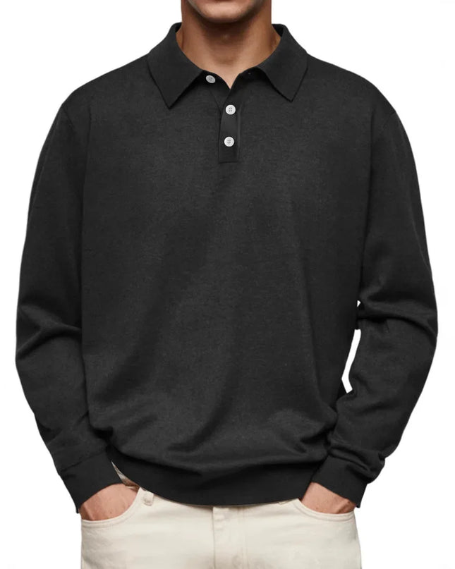 Men’s Long-Sleeve V-Collar Solid Polo Shirt – Loose Fit Casual Knitwear