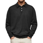 Men’s Long-Sleeve V-Collar Solid Polo Shirt – Loose Fit Casual Knitwear-HighTouch