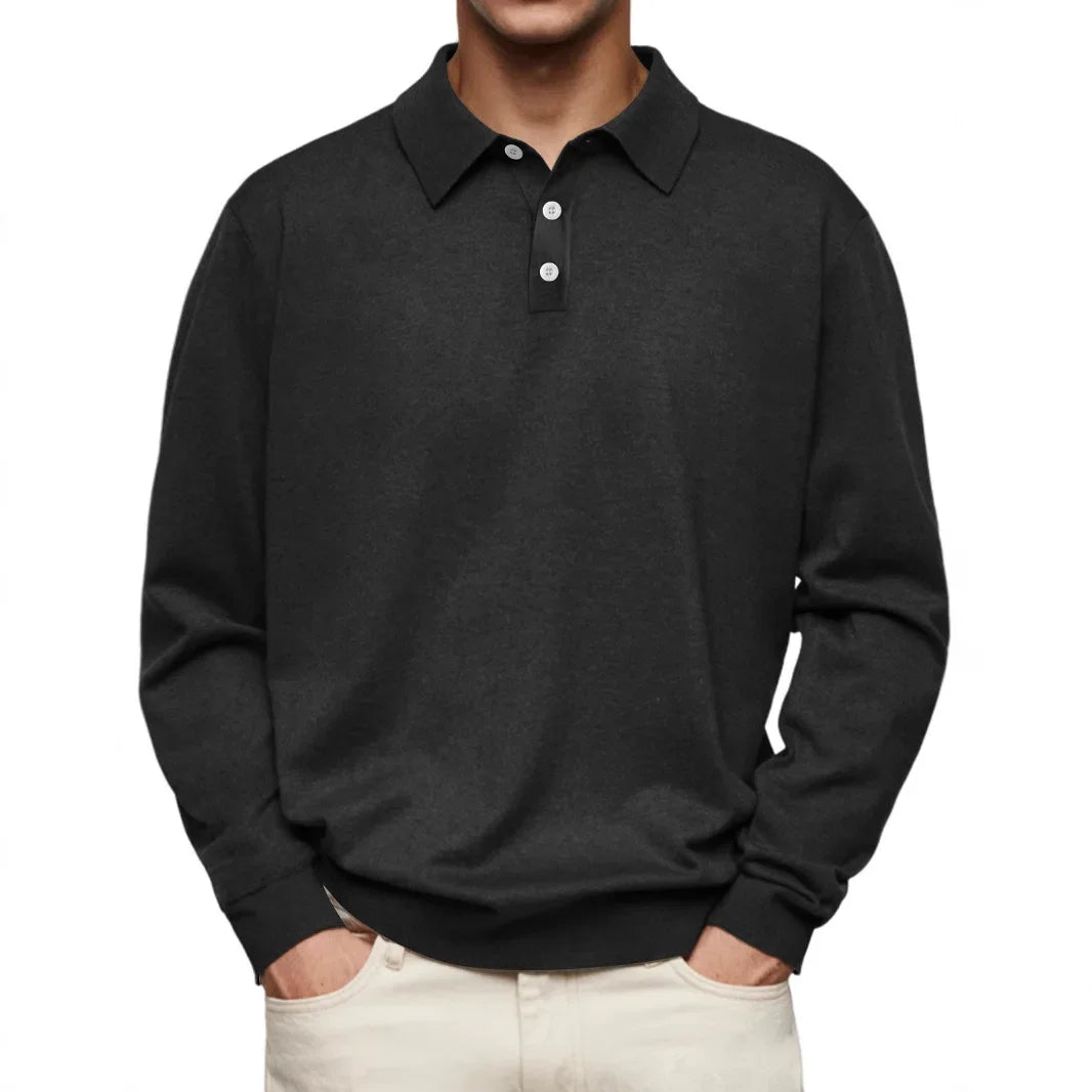 Men’s Long-Sleeve V-Collar Solid Polo Shirt – Loose Fit Casual Knitwear
