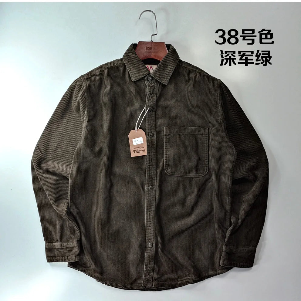 Vintage Retro Corduroy Button-Down Shirt Men –  Cotton Long Sleeve