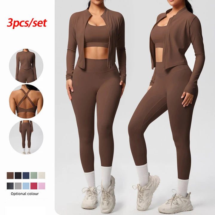 Women Gym Set 3 Piece Workout Outfit Fitness Activewear-HighTouch