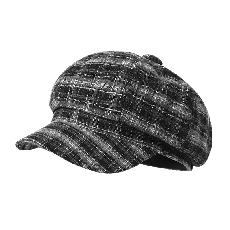 Vintage Plaid Octagonal Beret Hat for Women