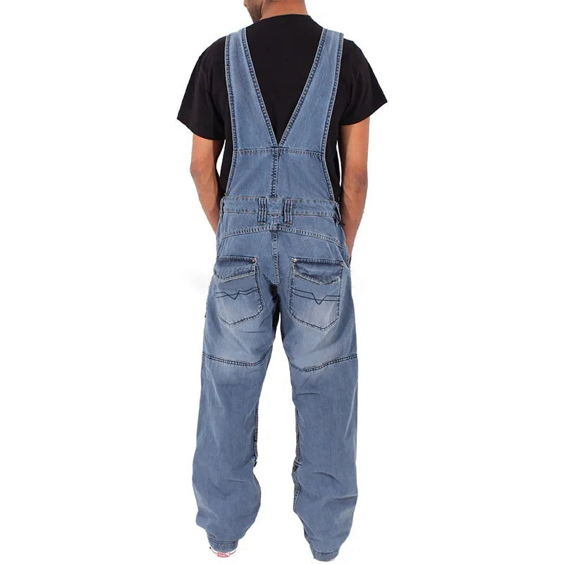 Men’s Baggy Denim Overalls Jumpsuit – Multi-Pocket Washed Suspenders