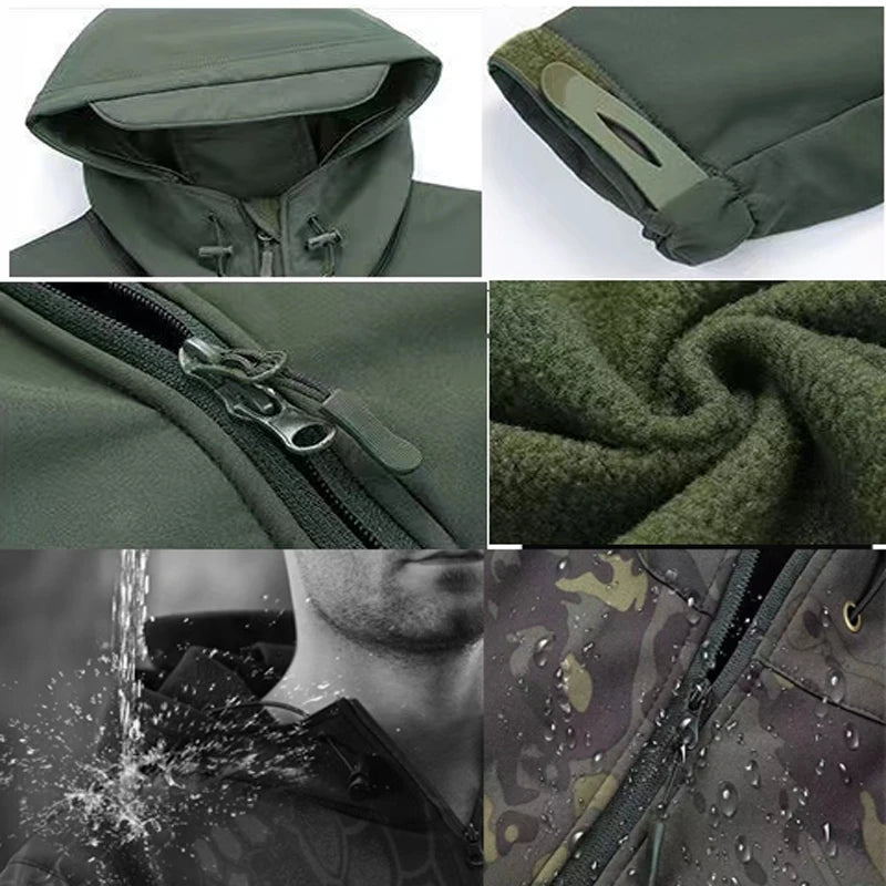 Men's Winter Autumn Warm Softshell Fleece Hood Cargo Jackets Camping Hiking Climbing Hunting Fishing Outdoor Windproof