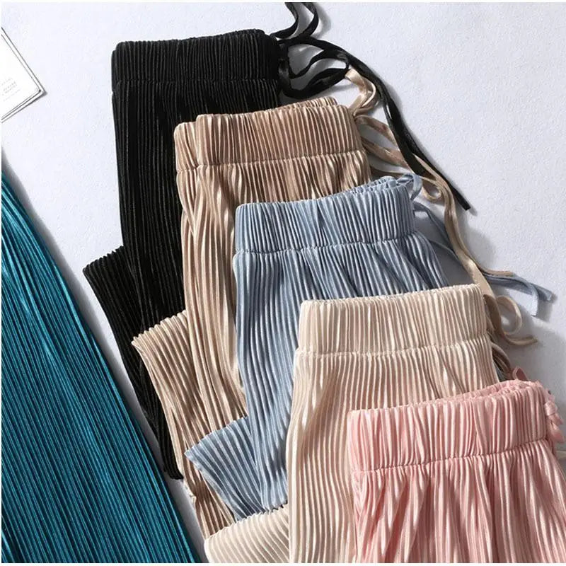 Women’s Ice Silk Wide Leg Pants – Elastic Waist Summer Trousers-HighTouch