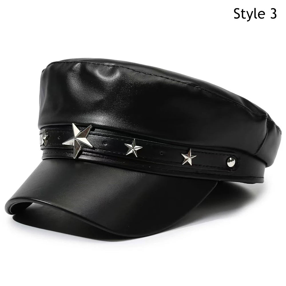 Winter Beret Women Black PU Leather Y2K Punk Newsboy Cap
