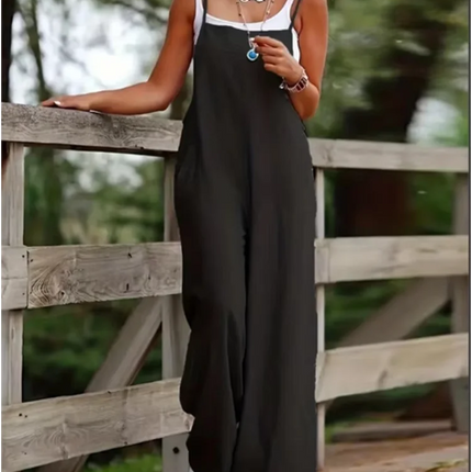 Women's Sleeveless Suspender Jumpsuit with Pockets – Loose Casual Wide-Leg Romper