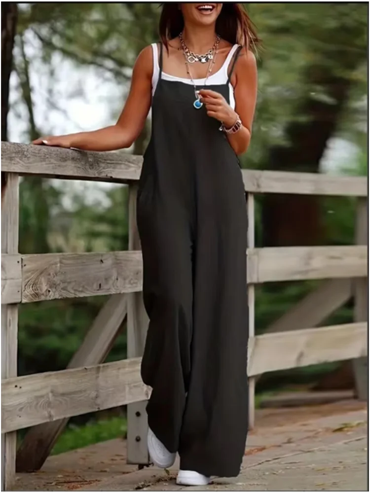 Women's Sleeveless Suspender Jumpsuit with Pockets – Loose Casual Wide-Leg Romper-HighTouch