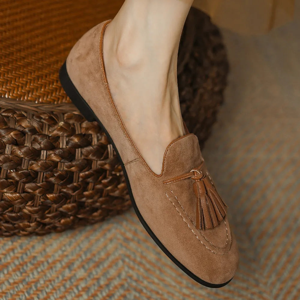 Women’s Natural Suede Fringe Moccasin Ballet Flats-HighTouch