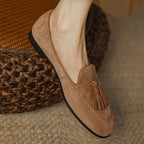 Women’s Natural Suede Fringe Moccasin Ballet Flats-HighTouch