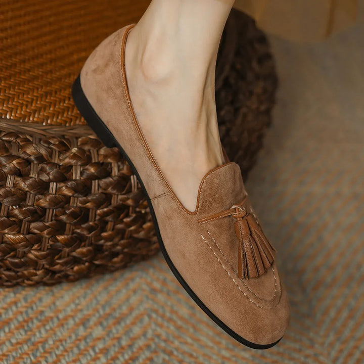 Women’s Natural Suede Fringe Moccasin Ballet Flats-HighTouch