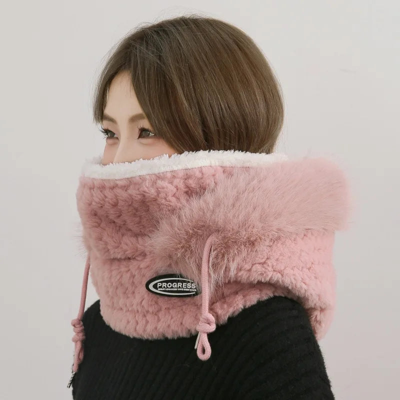 Winter Women's Plush Hooded Hat Scarf Mask 3-in-1 Ear Cover
