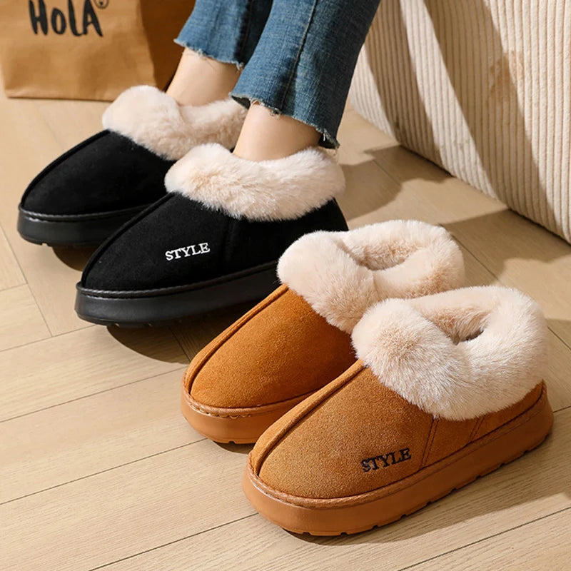 Anti-slip Thick Plush Snow Boots Women Faux Suede Platform Fur Winter Boots Woman Slip On Warm Cotton Padded Shoes