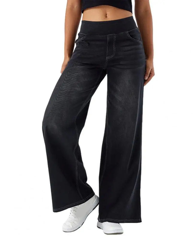 High-Waist Full-Length Solid Colour Jeans – Straight-Wide Leg with Elastic Waist & Pockets