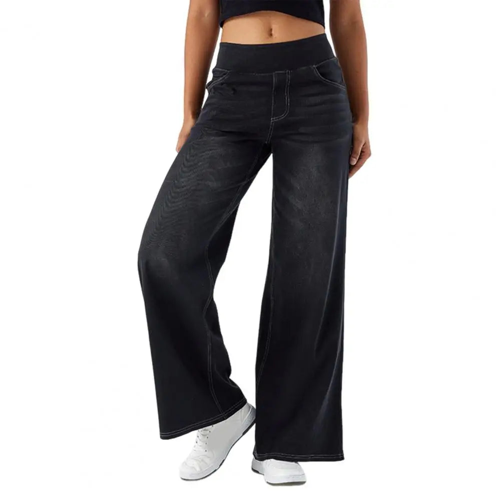 High-Waist Full-Length Solid Colour Jeans – Straight-Wide Leg with Elastic Waist & Pockets