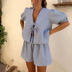 Vintage Plaid Puff-Sleeve Tie-Front Top & High-Waist Shorts Set-HighTouch