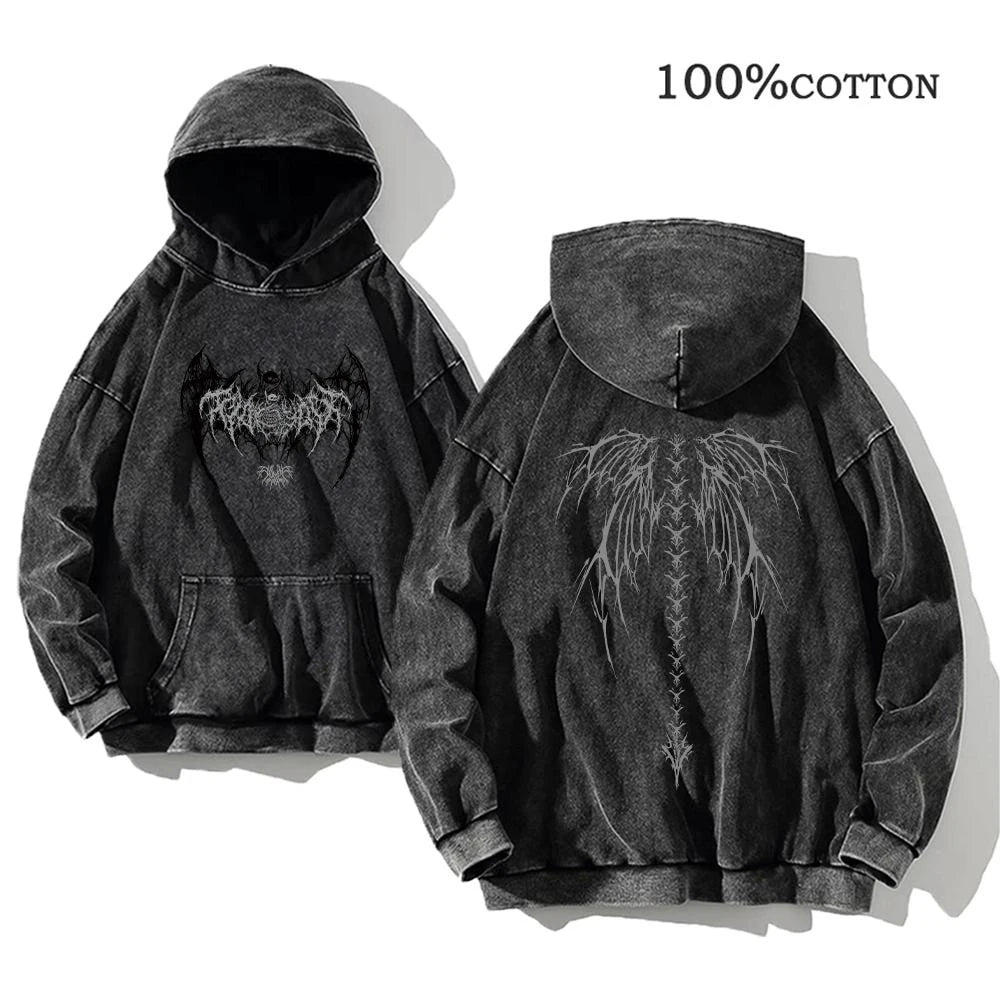 Y2K Washed Hoodies Vintage Cotton Women Men Skull Cross Print Hooded Sweatshirts Oversize Hip Hop Male Pullover Winter Clothes