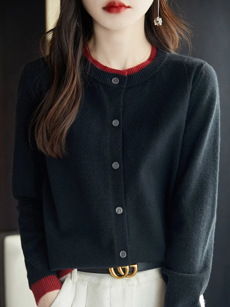 Spring Knit Patchwork Cardigan Lightweight O‑Neck Long Sleeve Sweater for Women