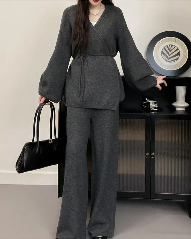 Knit Zip-Up Cardigan & Wide-Leg Pants Set